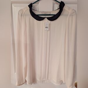 NWT Ann Taylor LOFT Women's Cream Blouse with Black Peter Pan Collar Size XS
